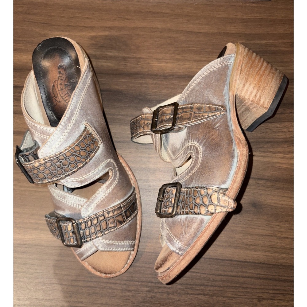 New Freebird Steven 8 Caprice Distressed Gray Taupe Reptile Leather Slide Sandal